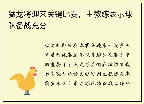 猛龙将迎来关键比赛，主教练表示球队备战充分